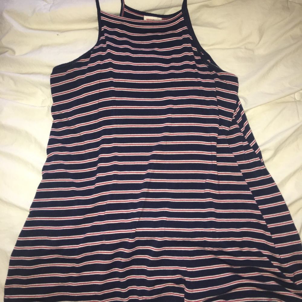 A haltered top red, dark blue and white
